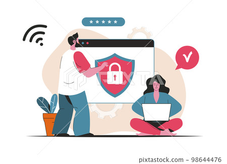 Cyber security concept isolated. Password protection personal data, identification. People scene in flat cartoon design. Vector illustration for blogging, website, mobile app, promotional materials. 98644476