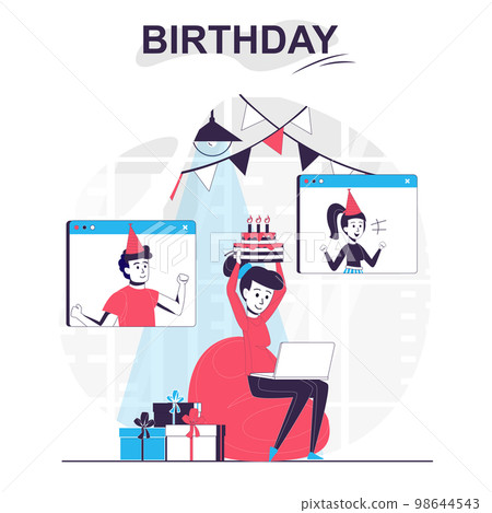 Birthday isolated cartoon concept. Woman celebrating holiday with friends by video call, people scene in flat design. Vector illustration for blogging, website, mobile app, promotional materials. 98644543