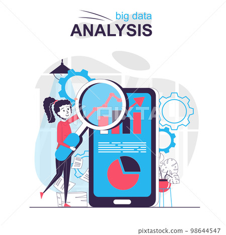 Big data analysis isolated cartoon concept. Woman analyzes business statistics in mobile app, people scene in flat design. Vector illustration for blogging, website, mobile app, promotional materials. Big data analysis isolated cartoon concept. Woman analyzes business statistics in mobile app, people scene in flat design. Vector illustration for blogging, website, mobile app, promotional materials. 98644547