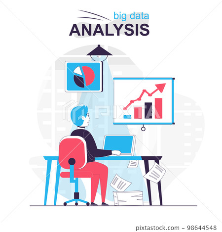 Big data analysis isolated cartoon concept. Analyst works with graphs and charts at office, people scene in flat design. Vector illustration for blogging, website, mobile app, promotional materials. Big data analysis isolated cartoon concept. Analyst works with graphs and charts at office, people scene in flat design. Vector illustration for blogging, website, mobile app, promotional materials. 98644548