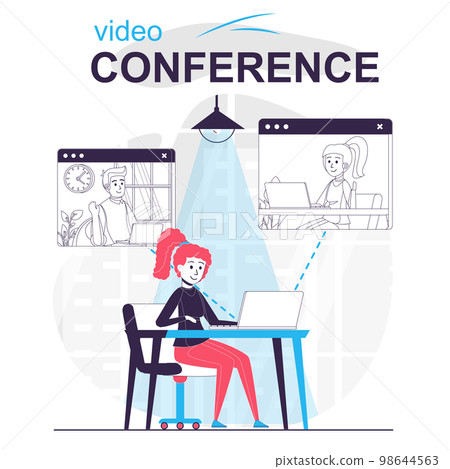 Video conference isolated cartoon concept. Woman talking to friends on video call by laptop, people scene in flat design. Vector illustration for blogging, website, mobile app, promotional materials. Video conference isolated cartoon concept. Woman talking to friends on video call by laptop, people scene in flat design. Vector illustration for blogging, website, mobile app, promotional materials. 98644563