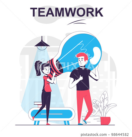Teamwork isolated cartoon concept. Man and woman coming up with ideas, brainstorming together people scene in flat design. Vector illustration for blogging, website, mobile app, promotional materials. 98644582