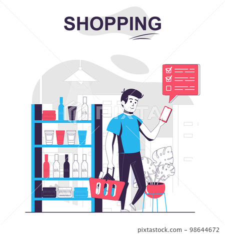 Shopping isolated cartoon concept. Man buys goods from list at mobile app in store, customers people scene in flat design. Vector illustration for blogging, website, mobile app, promotional materials. 98644672