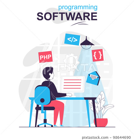 Programming software isolated cartoon concept. Developer programs in php language at computer people scene in flat design. Vector illustration for blogging, website, mobile app, promotional materials. 98644690
