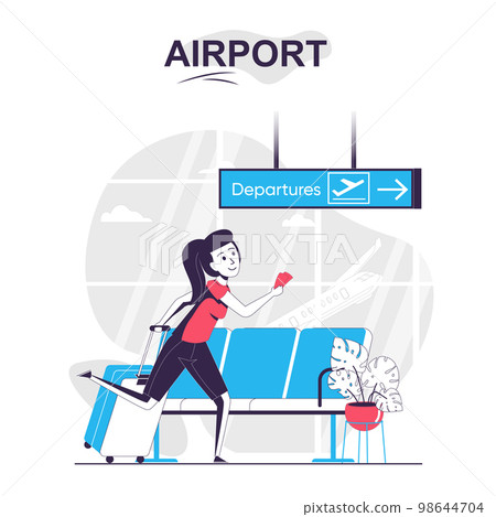 Airport isolated cartoon concept. Woman with luggage hurries to board plane, traveling people scene in flat design. Vector illustration for blogging, website, mobile app, promotional materials. Airport isolated cartoon concept. Woman with luggage hurries to board plane, traveling people scene in flat design. Vector illustration for blogging, website, mobile app, promotional materials. 98644704