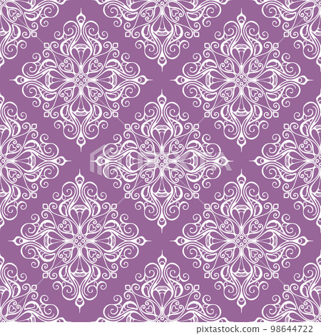 seamless graphic pattern, tile with abstract geometric white ornament on purple background, texture, design 98644722