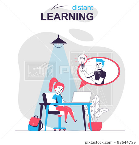 Distant learning isolated cartoon concept. Student studies at home using using video lessons people scene in flat design. Vector illustration for blogging, website, mobile app, promotional materials. Distant learning isolated cartoon concept. Student studies at home using using video lessons people scene in flat design. Vector illustration for blogging, website, mobile app, promotional materials. 98644759