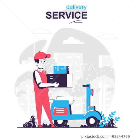 Delivery service isolated cartoon concept. Courier on moped delivering parcels, fast shipping people scene in flat design. Vector illustration for blogging, website, mobile app, promotional materials. Delivery service isolated cartoon concept. Courier on moped delivering parcels, fast shipping people scene in flat design. Vector illustration for blogging, website, mobile app, promotional materials. 98644769