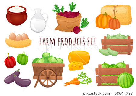 Farm products icon set in realistic 3d design. Bundle of milk, cheese, eggs, watermelons, various types of vegetables. Agriculture market collection. Vector illustration isolated on white background 98644788