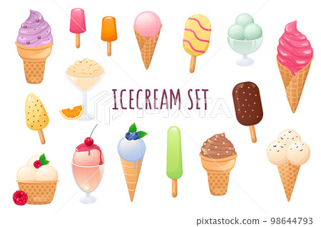 Ice cream icon set in realistic 3d design. Bundle of different types of summer desserts, with berries, topping and other. Delicious menu collection. Vector illustration isolated on white background 98644793