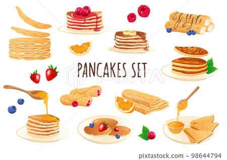 Pancakes icon set in realistic 3d design. Bundle of stacks of pancakes with different filling, berries, honey, chocolate and other. Cooking collection. Vector illustration isolated on white background Pancakes icon set in realistic 3d design. Bundle of stacks of pancakes with different filling, berries, honey, chocolate and other. Cooking collection. Vector illustration isolated on white background 98644794