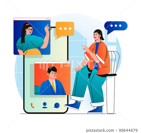 Video chatting concept in modern flat design. Friends communicate by group video call at different screens. Online communication technology and virtual meeting at zoom programm. Vector illustration 98644879