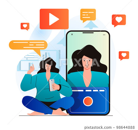 Video blogging concept in modern flat design. Woman recording video clip at mobile phone camera at home. Digital content creation, channel development and online promotion. Vector illustration Video blogging concept in modern flat design. Woman recording video clip at mobile phone camera at home. Digital content creation, channel development and online promotion. Vector illustration 98644888