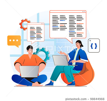 Programming working concept in modern flat design. Developer team creates software, brainstorming and working together at office. Development, optimization and testing apps. Vector illustration 98644988