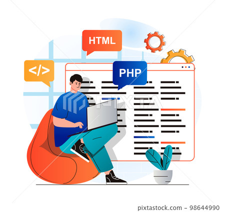 Programming working concept in modern flat design. Developer programs in html and php languages, creates software, working at laptop. Development, optimization and testing apps. Vector illustration 98644990