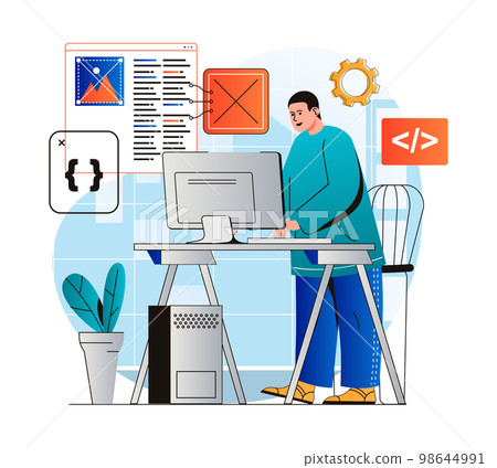 Programming working concept in modern flat design. Developer programs in different languages, creates software, working at computer in office. Development optimization and testing. Vector illustration 98644991