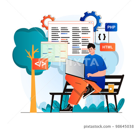 Freelance working concept in modern flat design. Man developer works at laptop while sitting on park bench. Programmer coding code, programming and developing programs online. Vector illustration 98645038