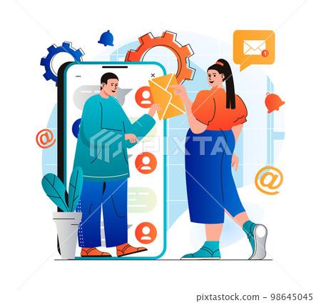 Email service concept in modern flat design. Woman and man correspond, sending and receiving new letters in mobile application. Online communication technology, business contact. Vector illustration Email service concept in modern flat design. Woman and man correspond, sending and receiving new letters in mobile application. Online communication technology, business contact. Vector illustration 98645045