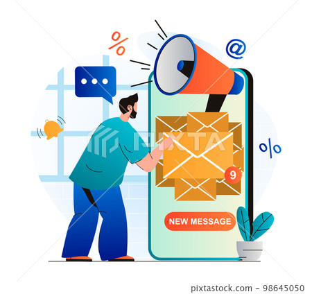 Email marketing concept in modern flat design. Man receiving new mails in mobile app. Advertising mailing to inform new customers. Online promotion and advertising campaign. Vector illustration 98645050