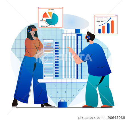Cyberspace concept in modern flat design. Man and woman working with business statistics charts and simulation touching interface using VR headset. Virtual augmented reality. Vector illustration Cyberspace concept in modern flat design. Man and woman working with business statistics charts and simulation touching interface using VR headset. Virtual augmented reality. Vector illustration 98645086