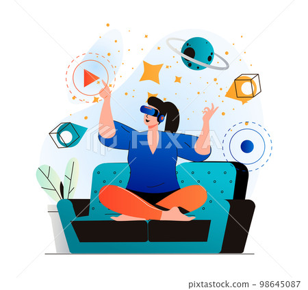 Cyberspace concept in modern flat design. Woman learning and touching elements of simulation using VR headset, innovation interactive education at home. Virtual augmented reality. Vector illustration 98645087
