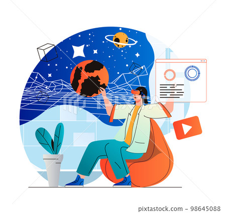 Cyberspace concept in modern flat design. Woman explores galaxy and planets in galaxy simulation using VR headset, innovation interactive education. Virtual augmented reality. Vector illustration 98645088