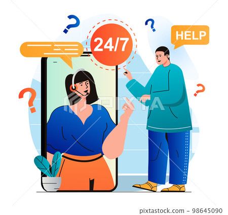 Customer support concept in modern flat design. Man needs help and contacted call center. Operator consults client using video chat in mobile application. Online communication. Vector illustration 98645090