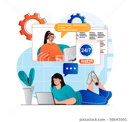 Customer support concept in modern flat design. Woman contacted support and consults in chat with operator. Consultant helps to solve problem by video call. Online communication. Vector illustration 98645091
