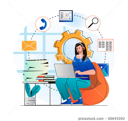 Customer support concept in modern flat design. Woman in headset works at laptop, advises clients. Consultant works in call center or technical support. Online communication. Vector illustration Customer support concept in modern flat design. Woman in headset works at laptop, advises clients. Consultant works in call center or technical support. Online communication. Vector illustration 98645092