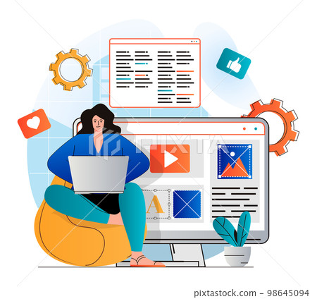 Content manager concept in modern flat design. Woman writes texts and places site elements. Designer creates graphics and fills site with pictures. Online business promotion. Vector illustration Content manager concept in modern flat design. Woman writes texts and places site elements. Designer creates graphics and fills site with pictures. Online business promotion. Vector illustration 98645094