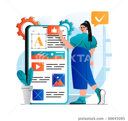 Content manager concept in modern flat design. Woman places elements, fills site pictures and optimized page for mobile app. Designer creates graphics. Online business promotion. Vector illustration Content manager concept in modern flat design. Woman places elements, fills site pictures and optimized page for mobile app. Designer creates graphics. Online business promotion. Vector illustration 98645095