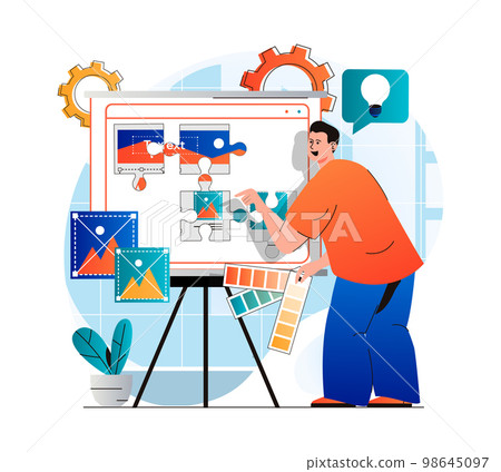 Content manager concept in modern flat design. Man fills site pictures, places elements. Designer creates graphics, selects colors and generates ideas. Online business promotion. Vector illustration Content manager concept in modern flat design. Man fills site pictures, places elements. Designer creates graphics, selects colors and generates ideas. Online business promotion. Vector illustration 98645097