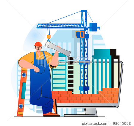 Construction engineer concept in modern flat design. Builder holds blueprint and tools. Bricklayer makes brickwork. Constructor working at building site. Real estate business. Vector illustration Construction engineer concept in modern flat design. Builder holds blueprint and tools. Bricklayer makes brickwork. Constructor working at building site. Real estate business. Vector illustration 98645098