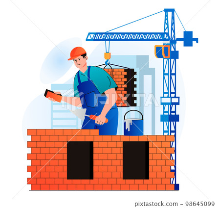 Construction engineer concept in modern flat design. Builder makes brickwork and builds wall of house. Bricklayer or handyman working on construction site. Real estate business. Vector illustration 98645099