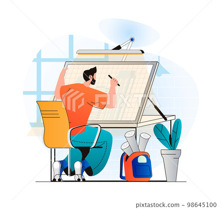 Construction engineer concept in modern flat design. Architect drawing blueprint for building. Expert develops project plan for construction of houses. Real estate business. Vector illustration 98645100