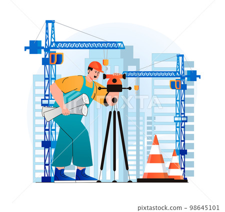 Construction engineer concept in modern flat design. Surveyor makes measurements and holding working drawings. Builder works at construction site with cranes. Real estate business. Vector illustration 98645101