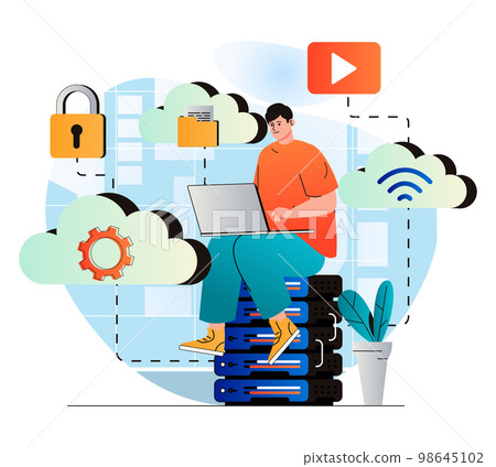 Cloud computing concept in modern flat design. User works at laptop and uses cloud technologies. Wireless secure connection, storage and processing, personal data protection. Vector illustration 98645102
