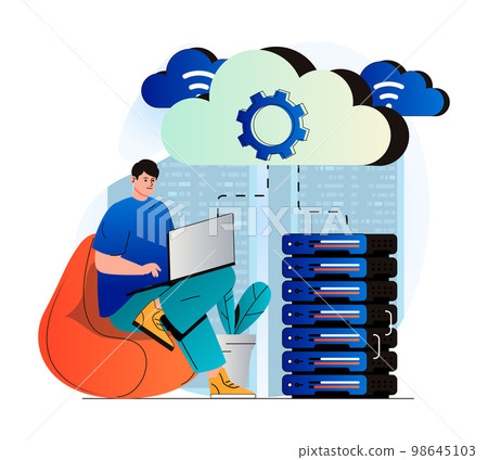 Cloud computing concept in modern flat design. Man works at laptop and uses cloud technologies. Wireless connection, information transfer, store and process data, tech support. Vector illustration Cloud computing concept in modern flat design. Man works at laptop and uses cloud technologies. Wireless connection, information transfer, store and process data, tech support. Vector illustration 98645103