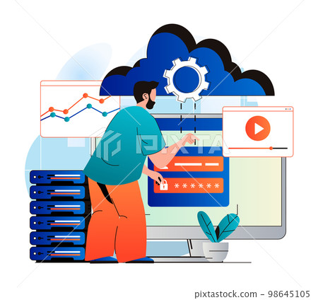 Cloud computing concept in modern flat design. Man user gains access to cloud storage and uploads his content to server. Data center infrastructure, service and technical support. Vector illustration Cloud computing concept in modern flat design. Man user gains access to cloud storage and uploads his content to server. Data center infrastructure, service and technical support. Vector illustration 98645105