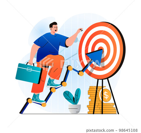 Business target concept in modern flat design. Businessman with briefcase goes up on arrow to dartboard. Achievement of career goals, leadership, business strategy and investment. Vector illustration Business target concept in modern flat design. Businessman with briefcase goes up on arrow to dartboard. Achievement of career goals, leadership, business strategy and investment. Vector illustration 98645108