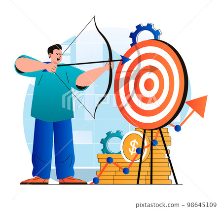 Business target concept in modern flat design. Businessman shoots bow at dartboard. Achievement of career goals, leadership, strategy, business development and profit growth. Vector illustration Business target concept in modern flat design. Businessman shoots bow at dartboard. Achievement of career goals, leadership, strategy, business development and profit growth. Vector illustration 98645109