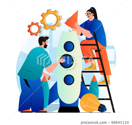 Business startup concept in modern flat design. Success team launches new project. Man and woman creates new company together. Collaboration, career development and investment. Vector illustration Business startup concept in modern flat design. Success team launches new project. Man and woman creates new company together. Collaboration, career development and investment. Vector illustration 98645110