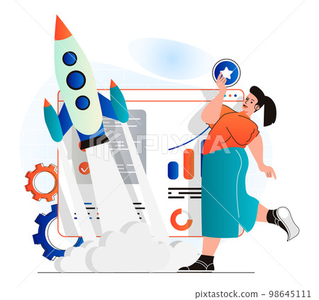 Business startup concept in modern flat design. Woman launches new project. Businesswoman working creates success strategy and analyzes data. Company development and investent. Vector illustration Business startup concept in modern flat design. Woman launches new project. Businesswoman working creates success strategy and analyzes data. Company development and investent. Vector illustration 98645111