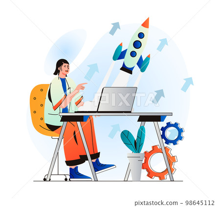 Business startup concept in modern flat design. Woman launches new project, working at laptop and analyzes data, success strategy. Businesswoman develops company, invests money. Vector illustration Business startup concept in modern flat design. Woman launches new project, working at laptop and analyzes data, success strategy. Businesswoman develops company, invests money. Vector illustration 98645112