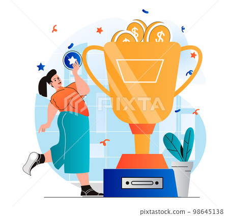 Business award concept in modern flat design. Businesswoman holding star and won huge gold cup, getting first place in competition. Triumph, profit growth, achievement of goals. Vector illustration 98645138