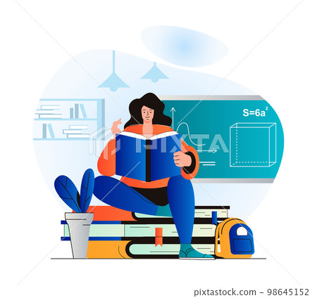 Education concept in modern flat design. Woman is reading book. Pupil studies from textbook, does her homework in library. Student learning at school, college or university. Vector illustration 98645152