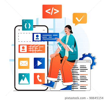 App development concept in modern flat design. Developer places buttons at layout of application mobile screen. Programmer coding code, creates ui design, settings software. Vector illustration 98645154