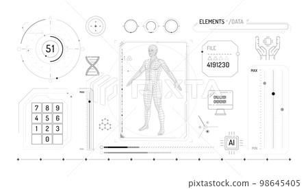 Set of infographic elements about DNA research and digital technologies. 98645405