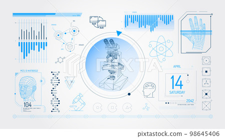 Set of infographic elements about microscopy and biomedical research. 98645406