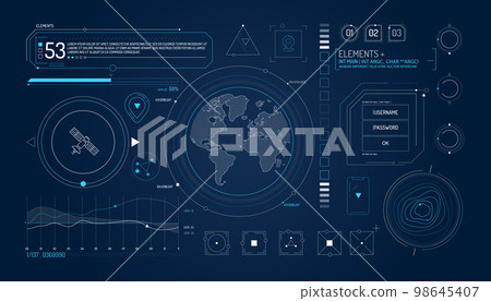 Set of infographic elements about satellite and data input. 98645407
